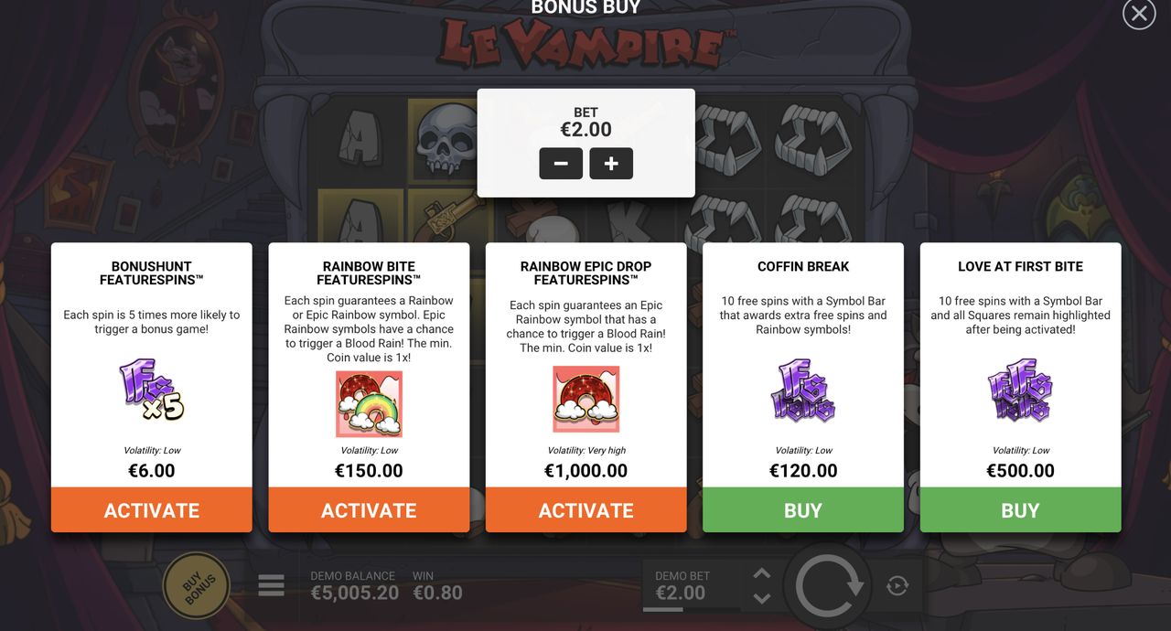 The FeatureSpins shop: five options, live prices from 6.00 to 1,000.00 credits at a 2.00 stake.